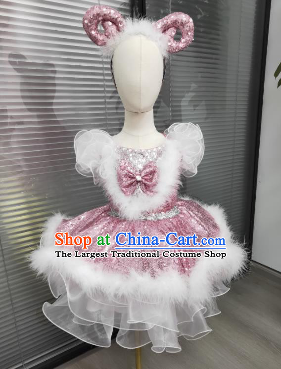 Professional Children Modern Dance Fashion Compere Pink Bubble Dress Girl Catwalks Clothing Stage Performance Garment