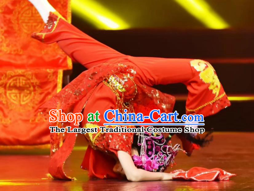 Chinese Girl Fan Dance Costumes Yangko Dance Clothing Children Performance Red Uniforms Folk Dance Outfits