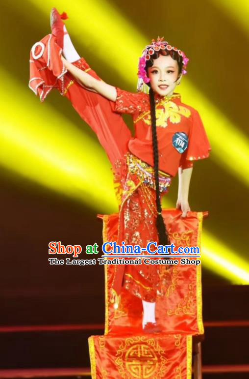 Chinese Girl Fan Dance Costumes Yangko Dance Clothing Children Performance Red Uniforms Folk Dance Outfits