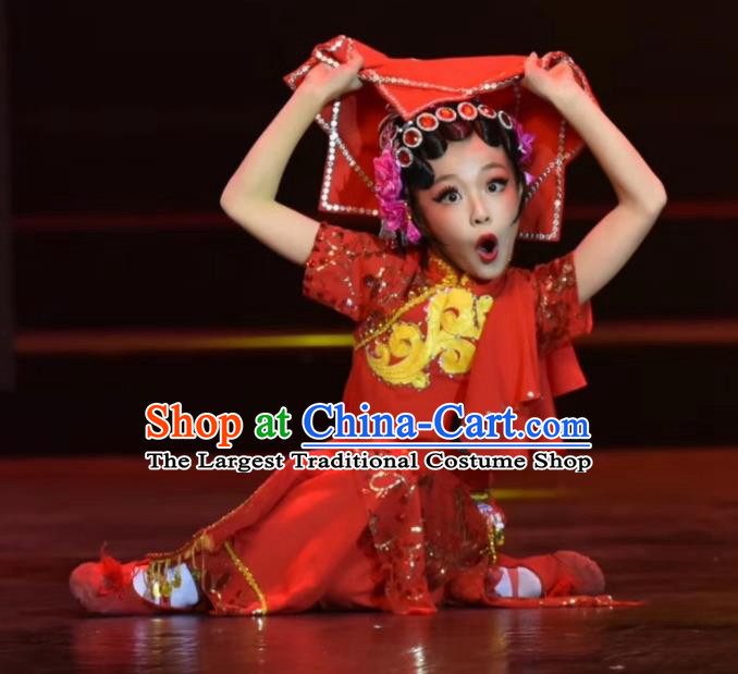 Chinese Girl Fan Dance Costumes Yangko Dance Clothing Children Performance Red Uniforms Folk Dance Outfits