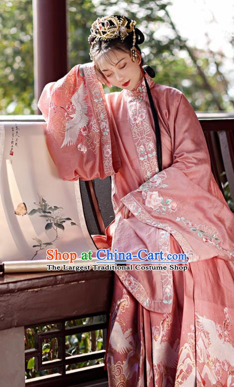 China Ming Dynasty Patrician Lady Historical Clothing Traditional Noble Mistress Pink Hanfu Dresses Ancient Young Beauty Garment Costumes