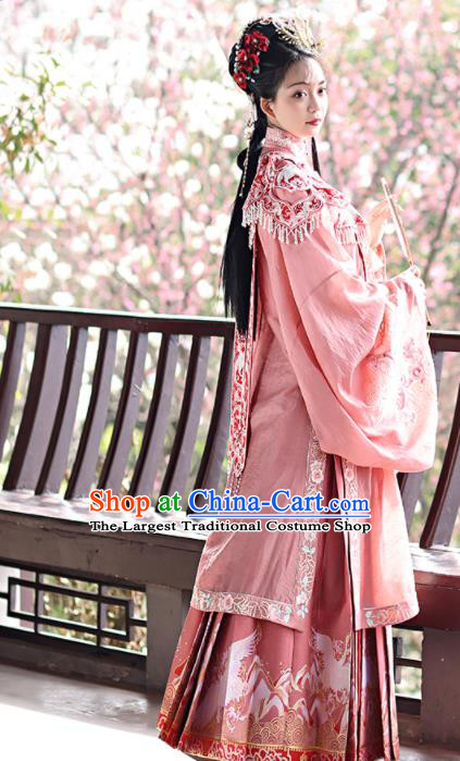 China Ming Dynasty Patrician Lady Historical Clothing Traditional Noble Mistress Pink Hanfu Dresses Ancient Young Beauty Garment Costumes