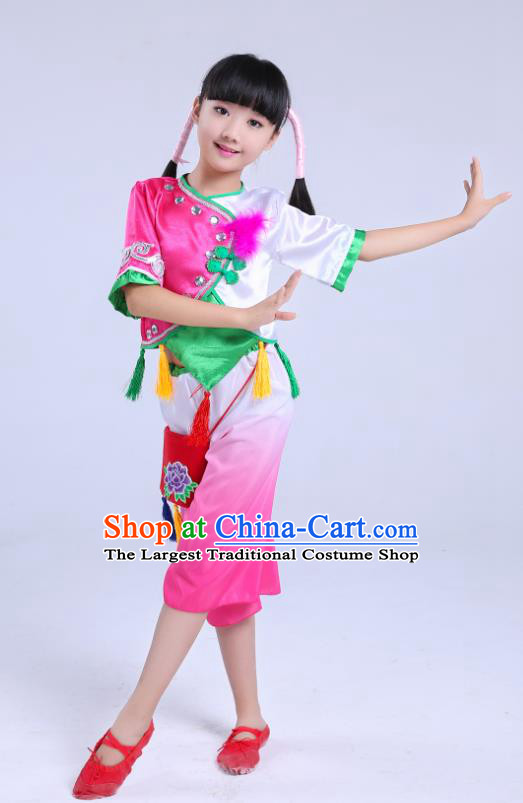 Chinese Fan Dance Dress Yangge Dance Clothing Children Yangko Dance Rosy Uniforms Folk Dance Costumes