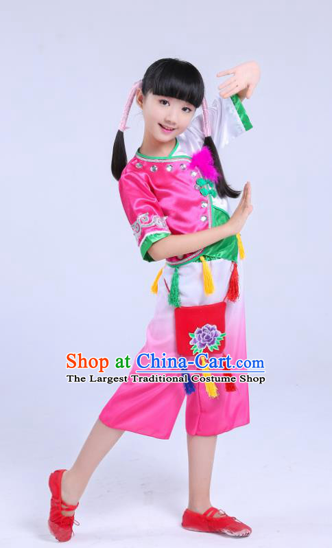 Chinese Fan Dance Dress Yangge Dance Clothing Children Yangko Dance Rosy Uniforms Folk Dance Costumes