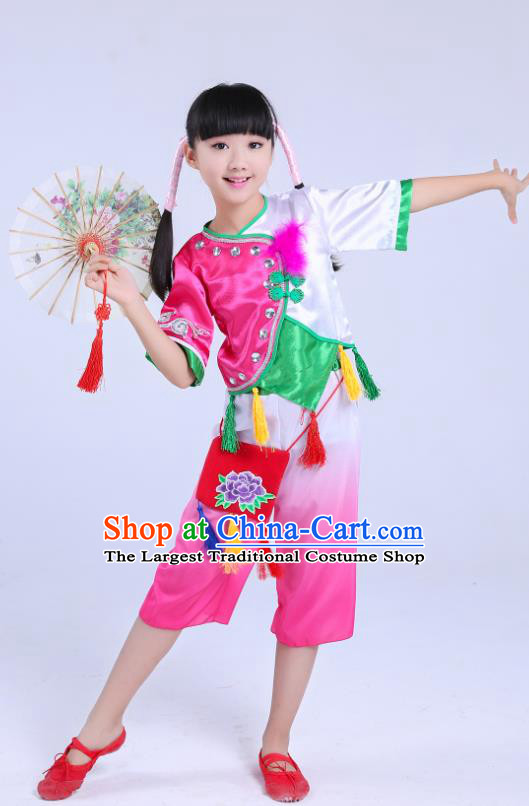 Chinese Fan Dance Dress Yangge Dance Clothing Children Yangko Dance Rosy Uniforms Folk Dance Costumes