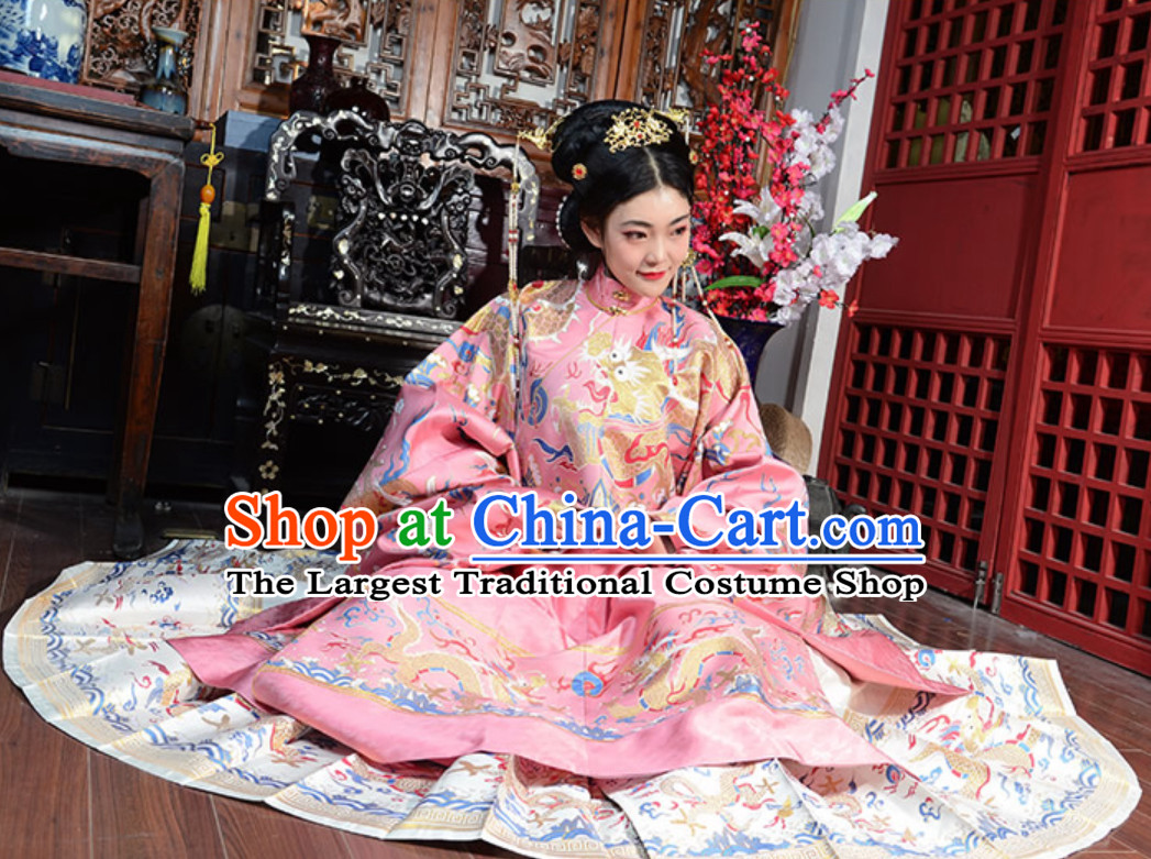 Top Pink Chinese Ancient Royal Wedding Dress Ming Dynasty Queen Garments for Ladies