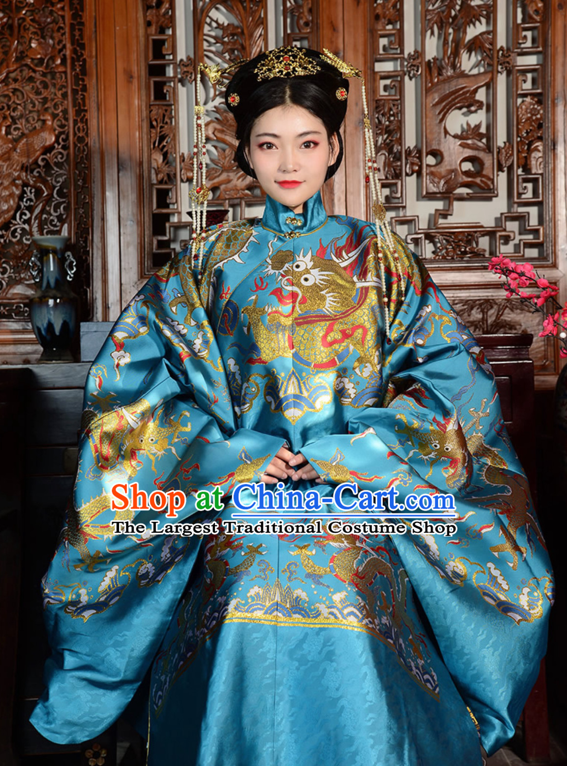 Top Imperial Blue Chinese Ancient Royal Wedding Dress Ming Dynasty Queen Clothing for Ladies