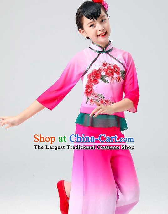 Chinese Children Yangko Dance Rosy Uniforms Folk Dance Costumes Fan Dance Dress Yangge Performance Clothing