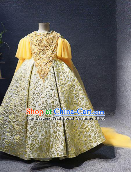 Top Girl Compere Performance Garment Catwalks Yellow Long Dress Christmas Formal Evening Wear Children Stage Show Clothing