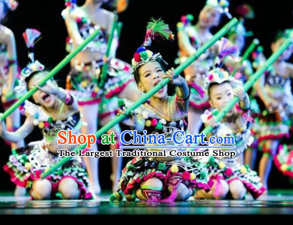 Chinese Yi Minority Girl Black Dress Outfits Miao Nationality Folk Dance Clothing Hmong Ethnic Children Performance Garments