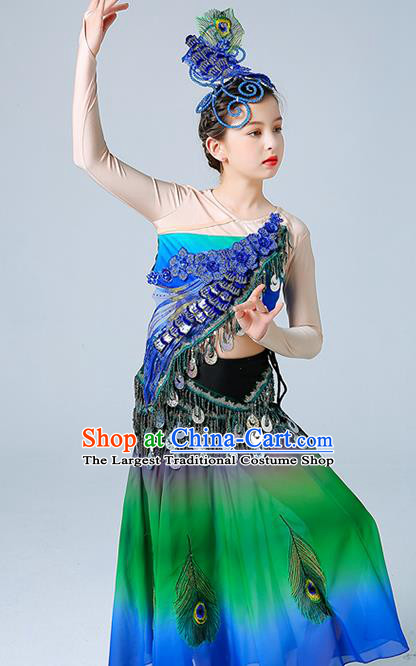 Chinese Yunnan Minority Girl Peacock Dance Green Dress Outfits Dai Nationality Folk Dance Clothing Ethnic Children Performance Garments