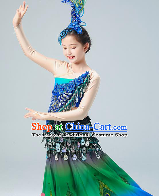Chinese Yunnan Minority Girl Peacock Dance Green Dress Outfits Dai Nationality Folk Dance Clothing Ethnic Children Performance Garments