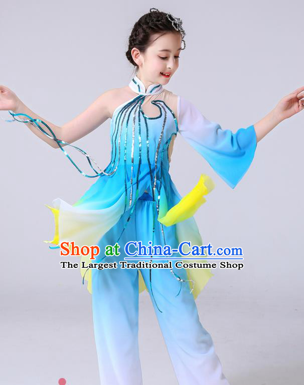 China Girl Stage Performance Dancewear Umbrella Dance Clothing Lotus Dance Blue Outfits Children Classical Dance Costumes