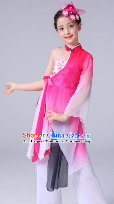 China Children Classical Dance Costumes Girl Stage Performance Dancewear Umbrella Dance Clothing Peony Dance Rosy Outfits