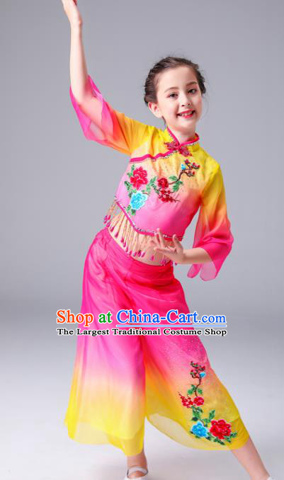 Chinese Drum Dance Dress Yangge Performance Clothing Children Yangko Dance Rosy Uniforms Folk Dance Costumes