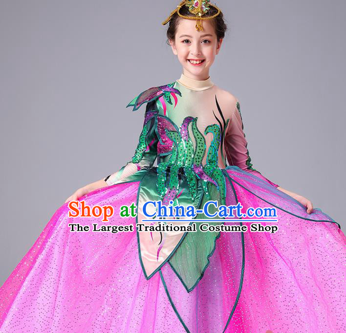 Professional Girl Modern Dance Clothing Lotus Dance Fashion Stage Performance Rosy Dress Opening Dance Costume