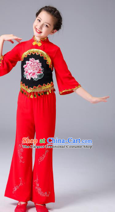 Chinese Folk Dance Costumes Fan Dance Dress Yangge Performance Clothing Children Yangko Dance Red Uniforms