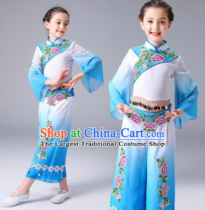 Chinese Yangge Performance Clothing Children Yangko Dance Blue Uniforms Folk Dance Costumes Girl Fan Dance Dress