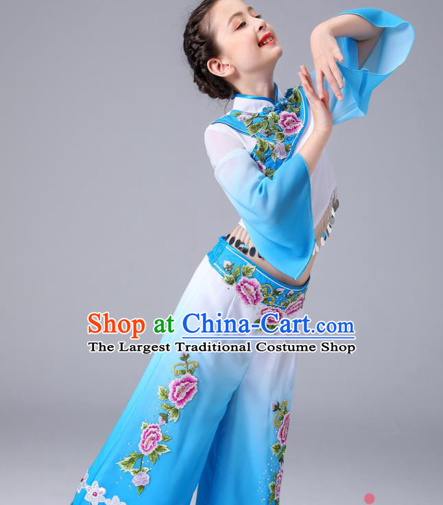 Chinese Yangge Performance Clothing Children Yangko Dance Blue Uniforms Folk Dance Costumes Girl Fan Dance Dress