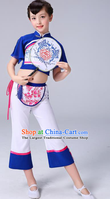 Chinese Girl Fan Dance Dress Yangge Performance Clothing Children Yangko Dance Deep Blue Uniforms Folk Dance Costumes