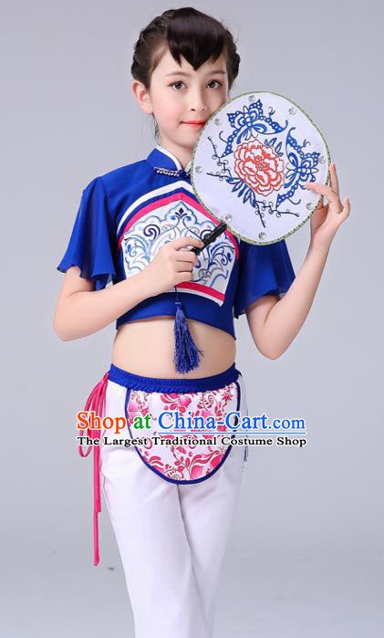 Chinese Girl Fan Dance Dress Yangge Performance Clothing Children Yangko Dance Deep Blue Uniforms Folk Dance Costumes