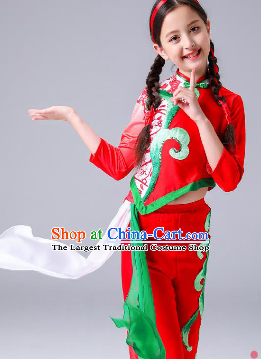 Chinese Folk Dance Costumes Girl Fan Dance Dress Yangge Performance Clothing Children Yangko Dance Red Uniforms