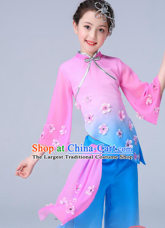 Chinese Children Yangko Dance Pink Uniforms Folk Dance Costumes Girl Jasmine Flower Dance Dress Yangge Performance Clothing