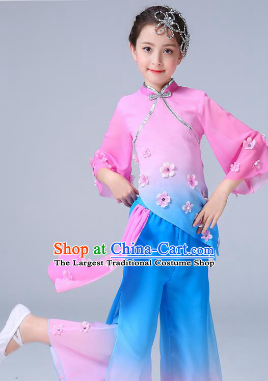 Chinese Children Yangko Dance Pink Uniforms Folk Dance Costumes Girl Jasmine Flower Dance Dress Yangge Performance Clothing