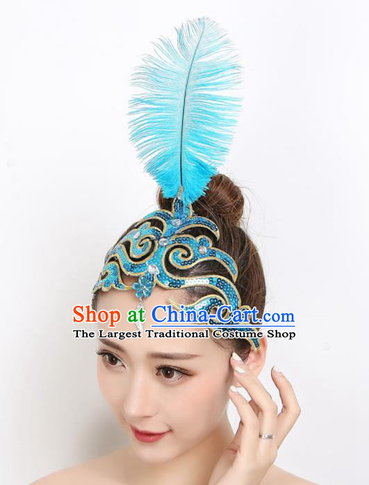 China Folk Dance Hair Accessories Dai Nationality Peacock Dance Blue Feather Headpiece Woman Group Dance Hair Stick