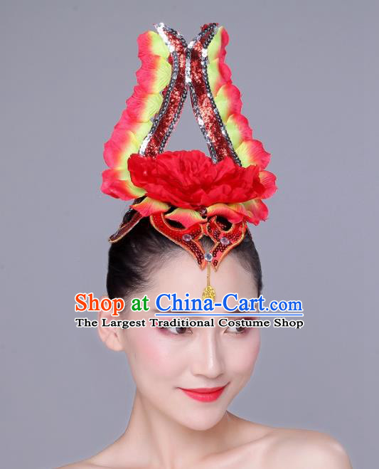 China Opening Peony Dance Headpiece Woman Group Dance Red Flower Hair Crown Modern Dance Hair Accessories