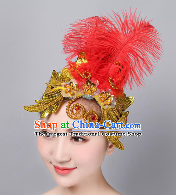 China Yangko Dance Hair Accessories Folk Dance Headpiece Woman Group Dance Red Feather Hair Stick