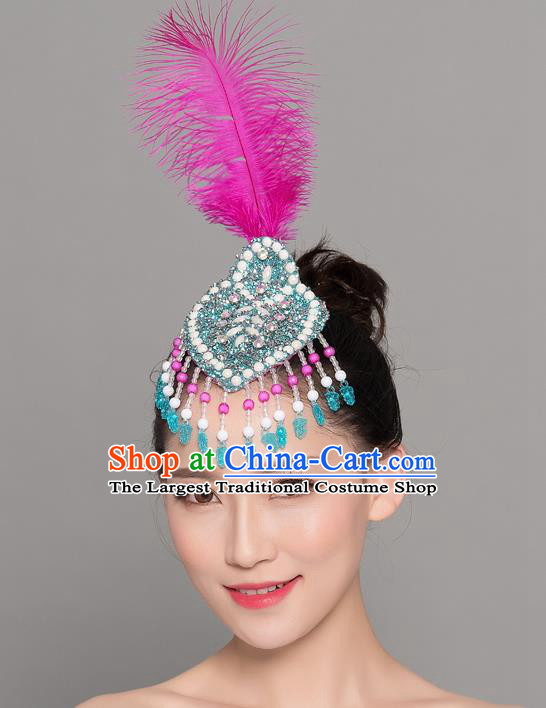 China Mongol Nationality Dance Rosy Feather Hair Stick Yangko Dance Hair Accessories Woman Group Dance Headpiece