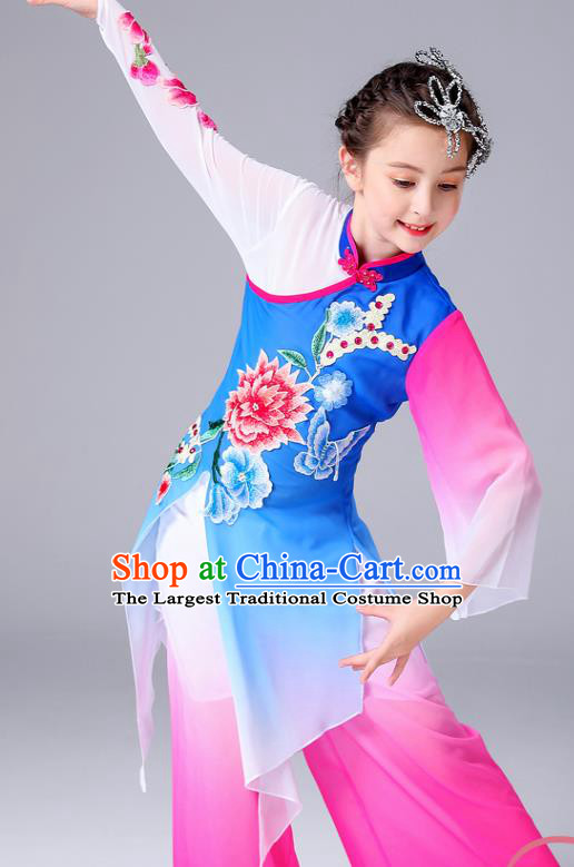 China Children Classical Dance Costumes Girl Stage Performance Dancewear Umbrella Dance Clothing Peony Dance Blue Outfits