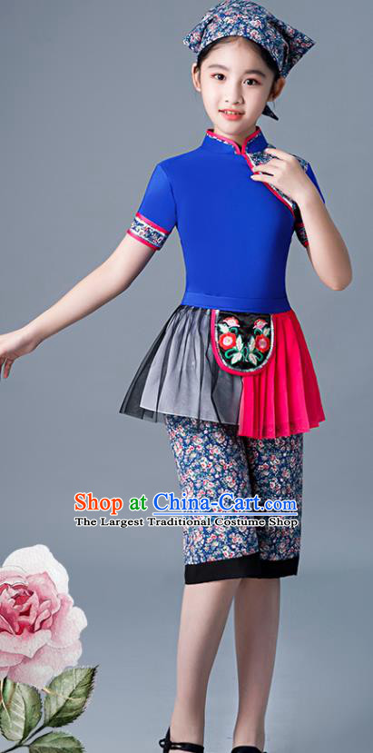 Chinese Village Girl Dance Dress Yangge Performance Clothing Children Yangko Dance Blue Uniforms Folk Dance Costumes