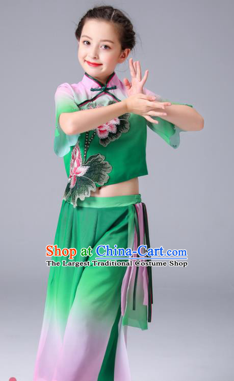 China Lotus Dance Green Outfits Children Classical Dance Costumes Girl Stage Performance Dancewear Umbrella Dance Clothing