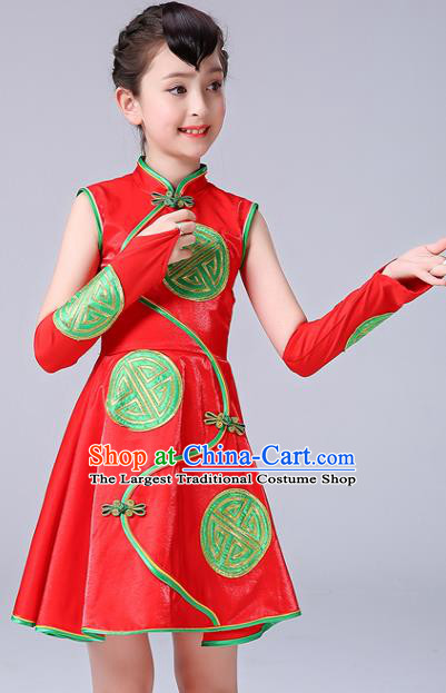 Chinese Folk Dance Costumes Girl Drum Dance Red Dress Yangge Performance Clothing Children Yangko Dance Uniforms