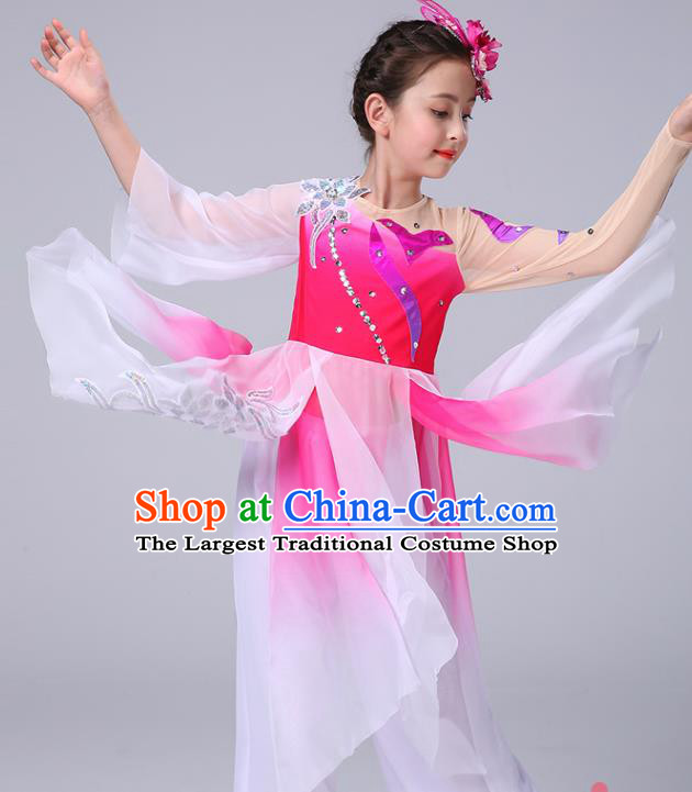 China Girl Stage Performance Dancewear Umbrella Dance Clothing Jasmine Flowers Dance Rosy Dress Children Classical Dance Costumes