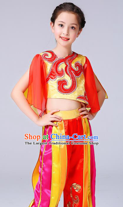 Chinese Children Yangko Dance Red Uniforms Folk Dance Costumes Girl Drum Dance Dress Yangge Performance Clothing