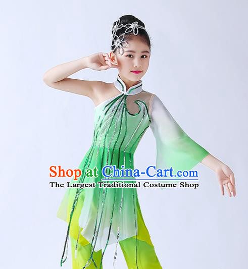 China Children Classical Dance Costumes Girl Stage Performance Dancewear Umbrella Dance Clothing Jasmine Flowers Dance Green Chiffon Uniforms