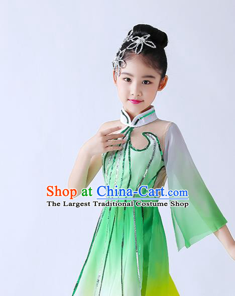 China Children Classical Dance Costumes Girl Stage Performance Dancewear Umbrella Dance Clothing Jasmine Flowers Dance Green Chiffon Uniforms