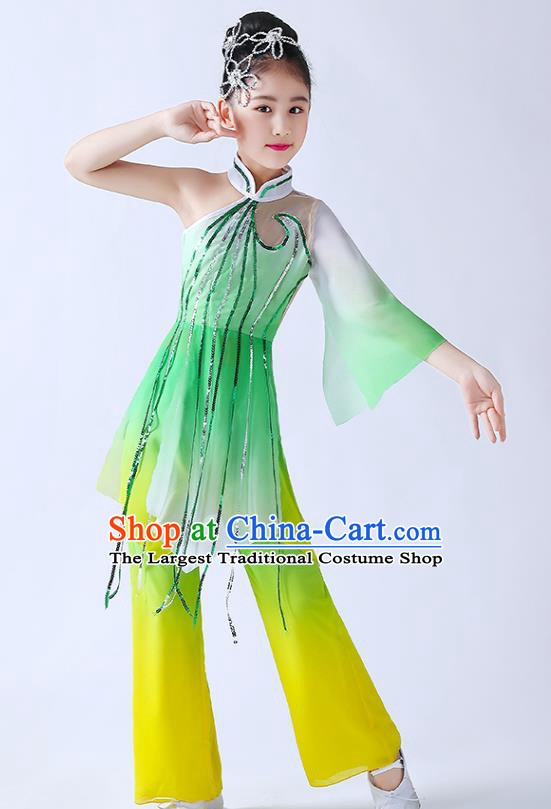 China Children Classical Dance Costumes Girl Stage Performance Dancewear Umbrella Dance Clothing Jasmine Flowers Dance Green Chiffon Uniforms