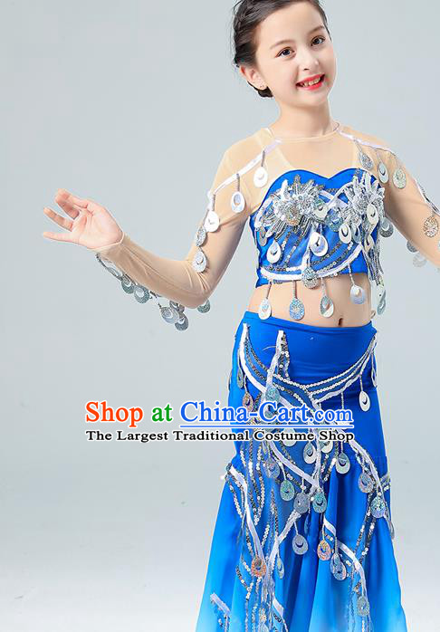 Chinese Dai Nationality Folk Dance Clothing Ethnic Children Performance Garments Yunnan Minority Girl Peacock Dance Blue Dress Outfits