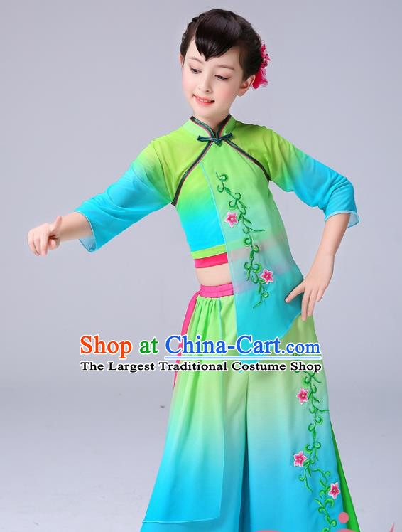 Chinese Yangge Performance Clothing Children Yangko Dance Green Chiffon Uniforms Folk Dance Costumes Girl Fan Dance Dress