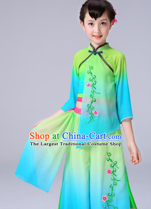 Chinese Yangge Performance Clothing Children Yangko Dance Green Chiffon Uniforms Folk Dance Costumes Girl Fan Dance Dress
