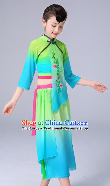 Chinese Yangge Performance Clothing Children Yangko Dance Green Chiffon Uniforms Folk Dance Costumes Girl Fan Dance Dress