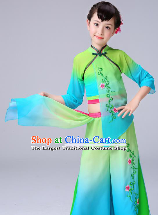 Chinese Yangge Performance Clothing Children Yangko Dance Green Chiffon Uniforms Folk Dance Costumes Girl Fan Dance Dress