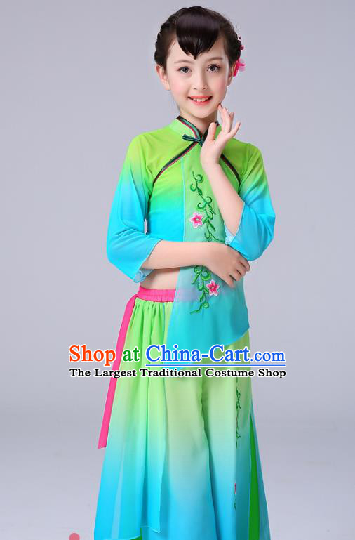 Chinese Yangge Performance Clothing Children Yangko Dance Green Chiffon Uniforms Folk Dance Costumes Girl Fan Dance Dress