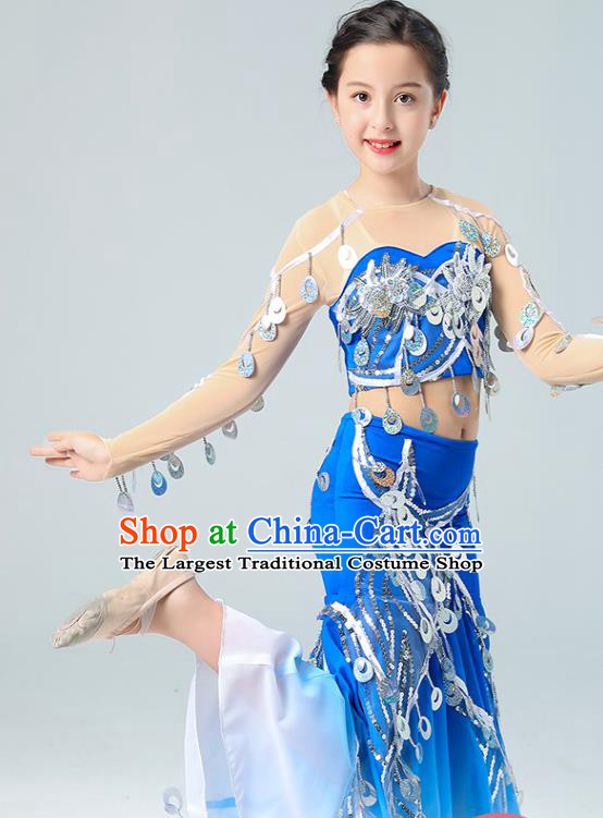 Chinese Dai Nationality Folk Dance Clothing Ethnic Children Performance Garments Yunnan Minority Girl Peacock Dance Blue Dress Outfits