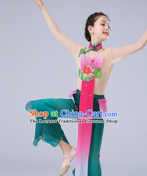 Chinese Children Yangko Dance Uniforms Folk Dance Costumes Girl Lotus Dance Dress New Year Performance Green Clothing