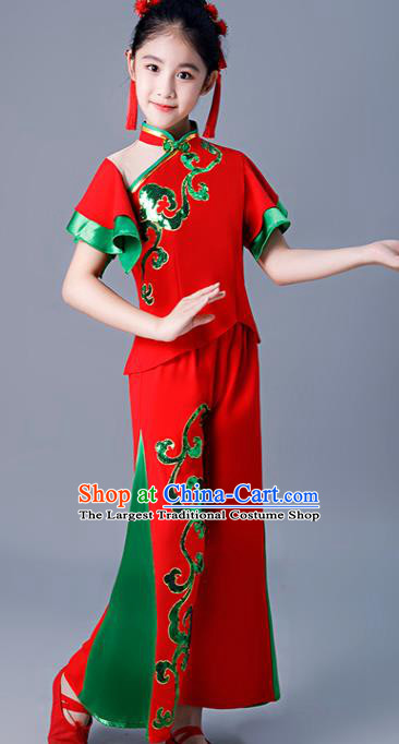 Chinese Children Folk Dance Red Uniforms Yangko Dance Costumes Girl Drum Dance Dress Fan Dance Clothing